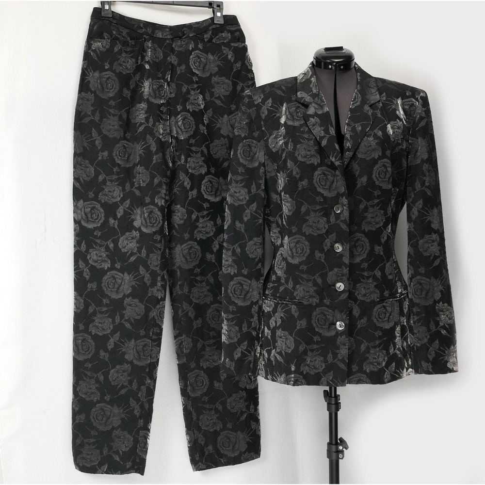 VTG 90s Nicole Miller Metallic Floral Brocade Pant Suit Black Silver Womens 10